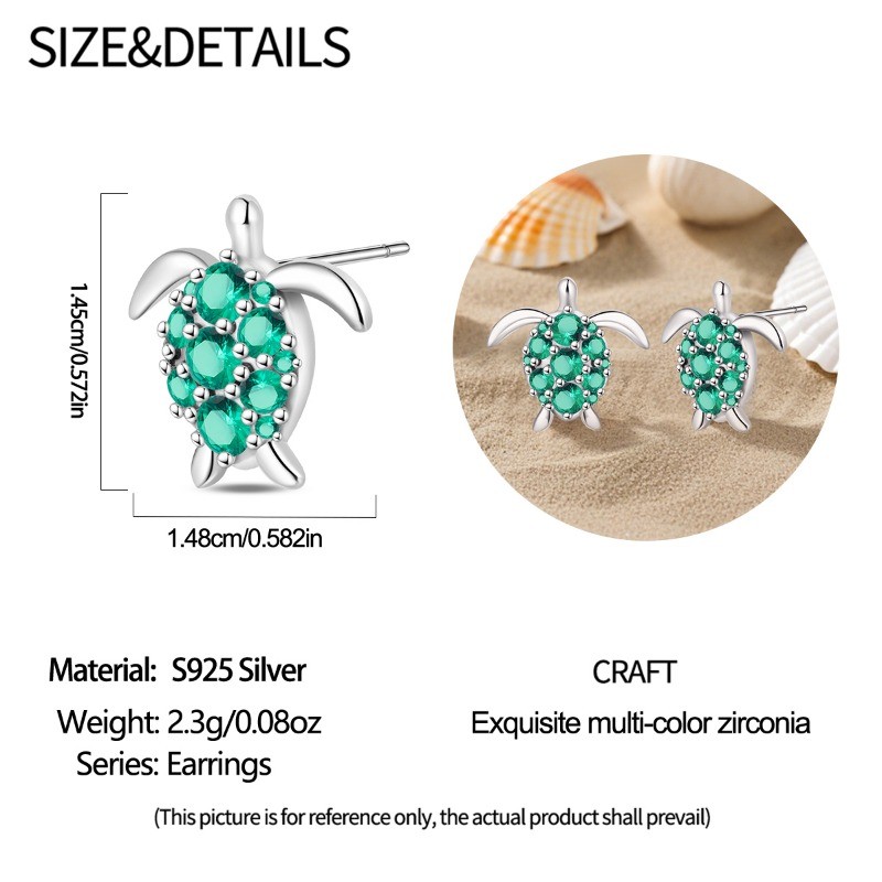 PANDACH 925 Sterling Silver Green Sea Turtle Stud Earrings For Women Post Studs