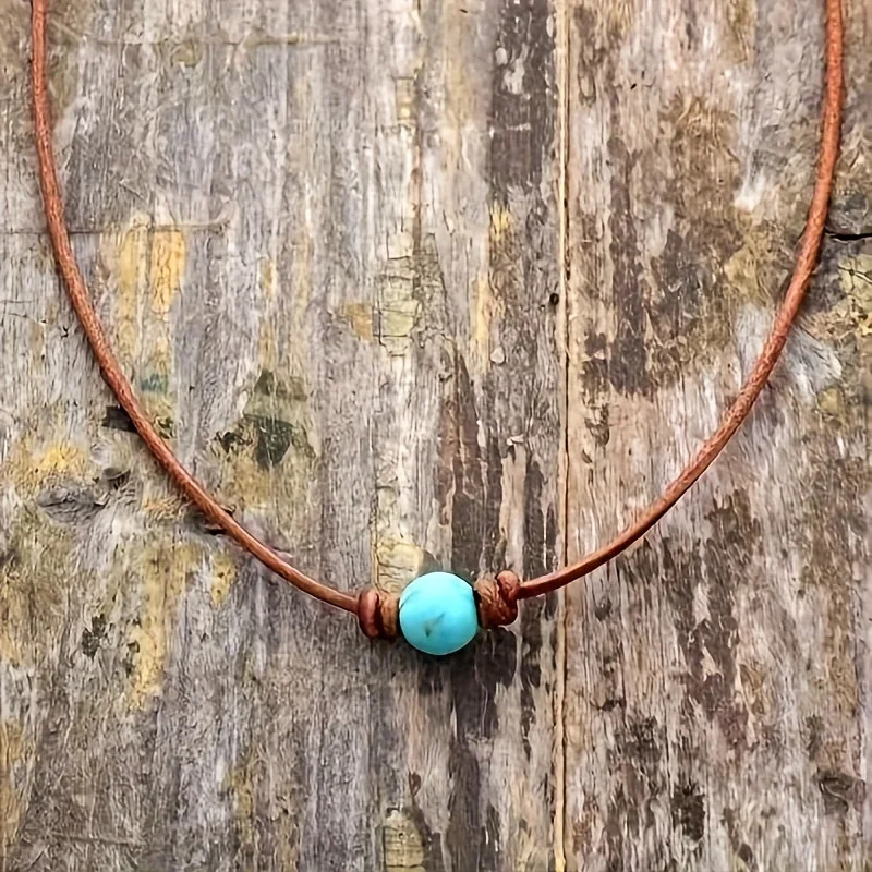 Bohemian Style Turquoise Bead Choker Necklace, Simple Vintage Retro Leather Cord