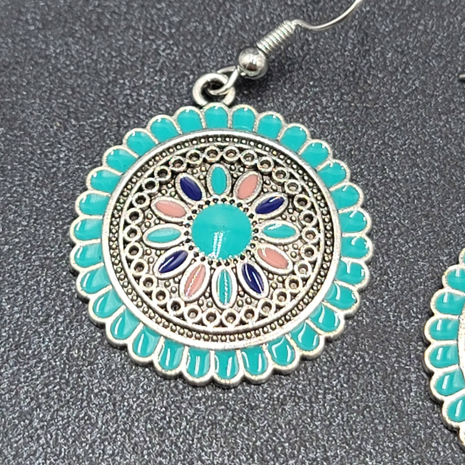 Pierced Earrings Silver tone Enamel Medallion Round Dangle Multicolor 1″