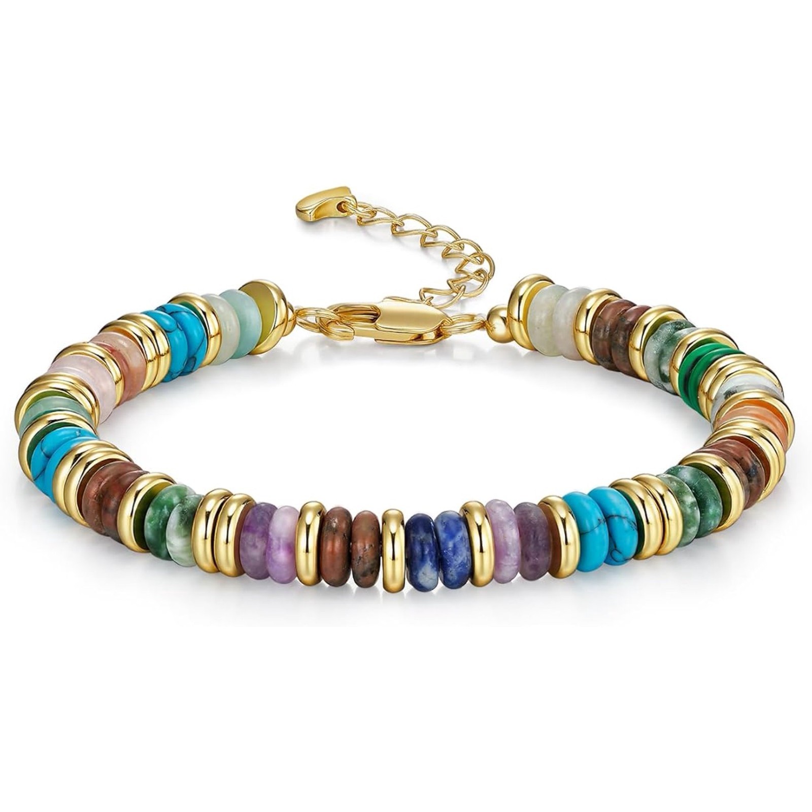 Gold Tone Multicolor Disc Beaded Bracelet Women Simulated Stone Jewelry Gift Set