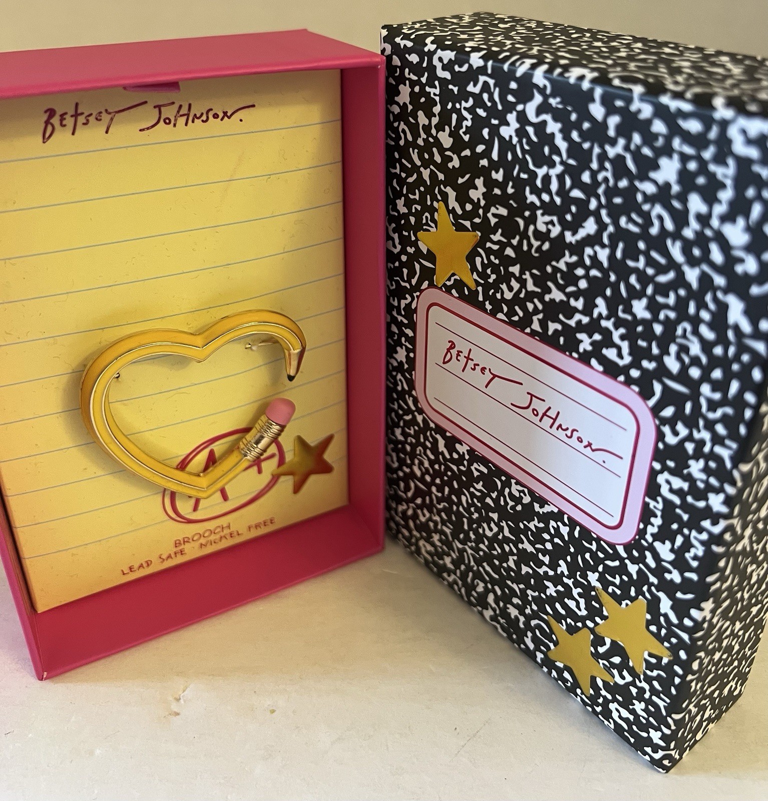 Betsey Johnson Brooch Heart Pencil Yellow With Star Accent NWT With Box