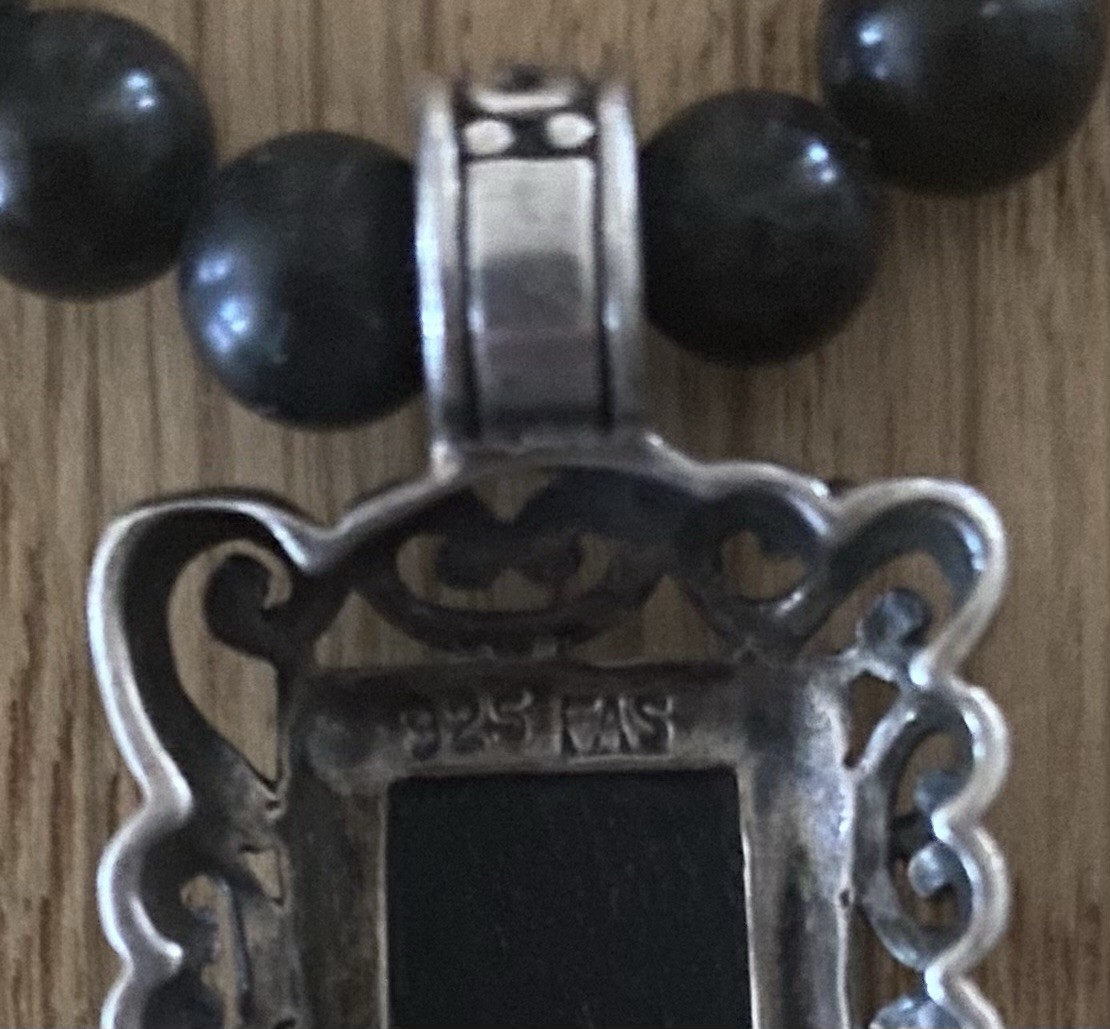Black Onyx 925 Sterling Silver Beaded Necklace Rectangular Pendant 16-18” 30g
