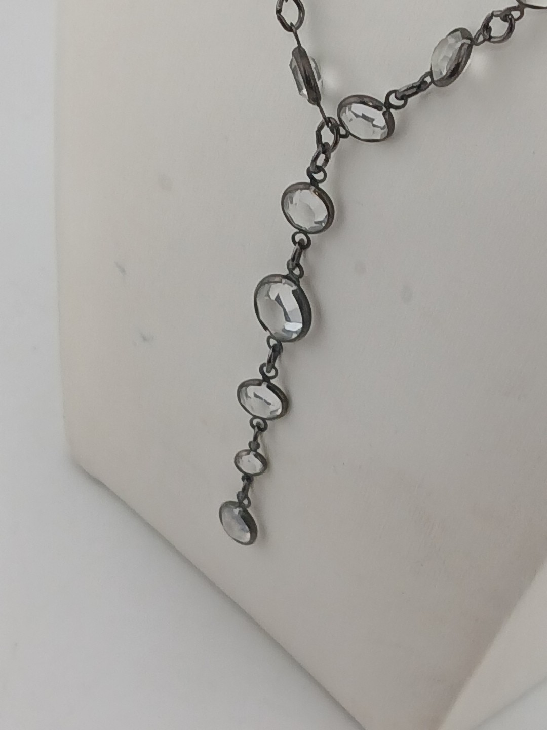LUCY ISAACS NYC 1990 gunmetal open bezel Swarovski crystals Y Design Necklace