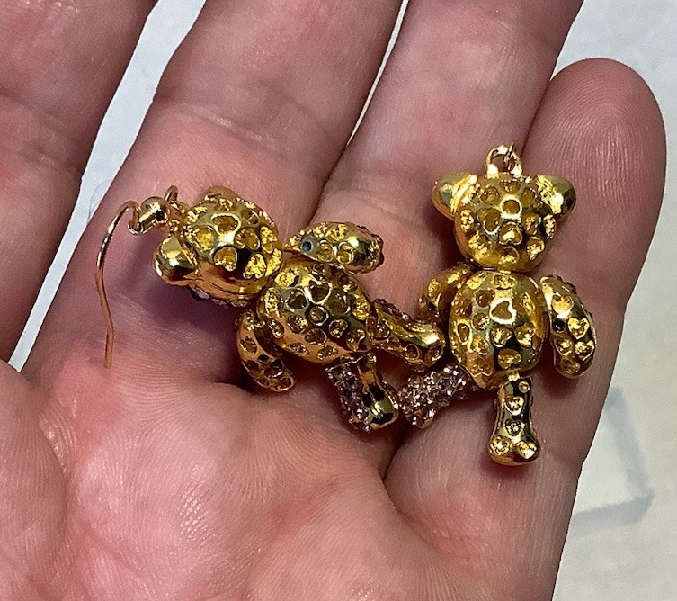 Adorable Gold Tone & Pink Rhinestone Articulated Teddy Bear Necklace & Earrings