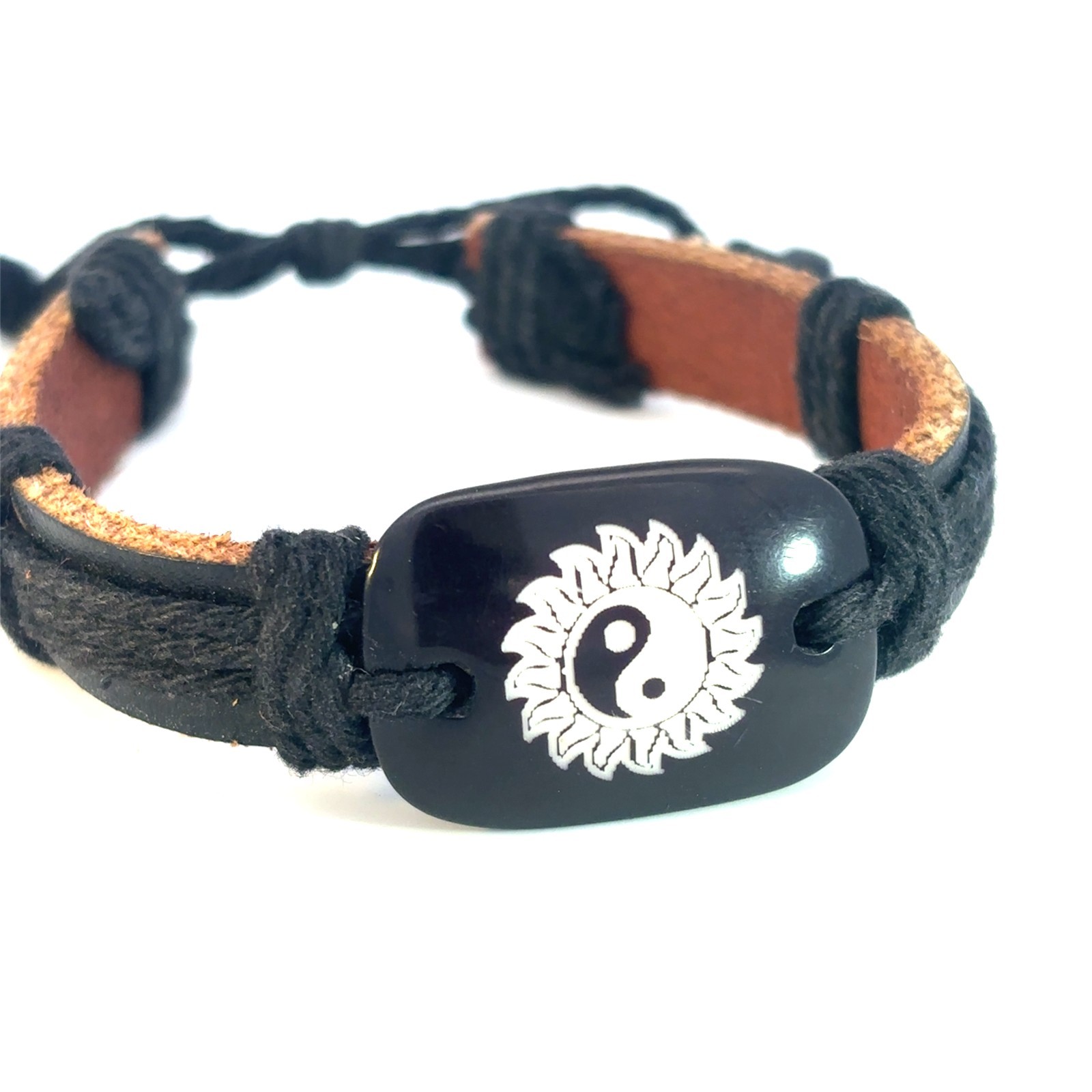 Men’s Genuine Leather Bracelet Yin Yang Sun Charm Braided Cord Adjustable Boho