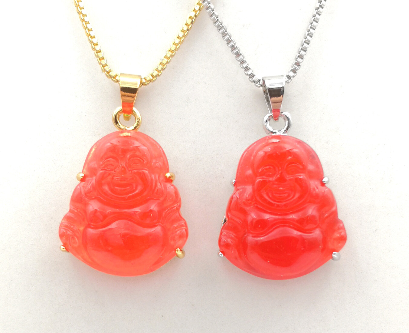 Green Multicolor Jade Laugh Maitreya Buddha 18KGP Lettering Pendant Necklace