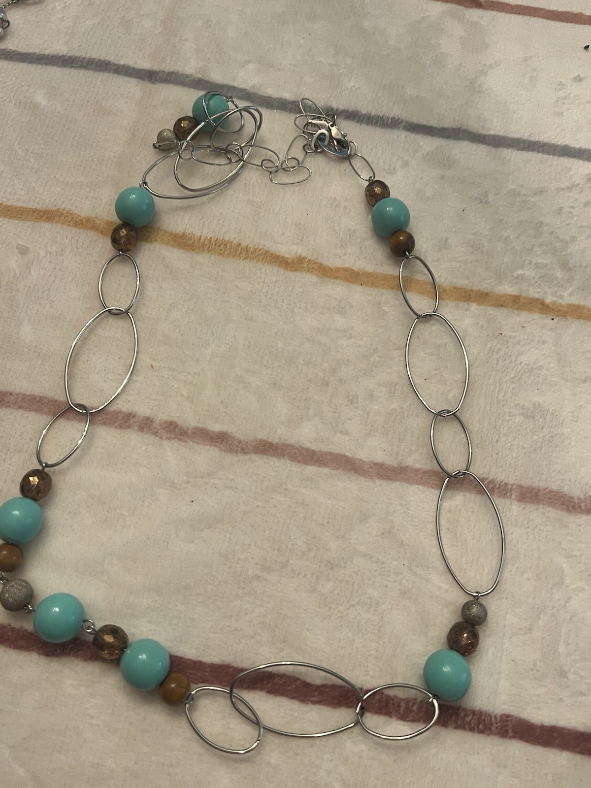 Silver Tone Oval Link Chain Beaded Necklace Blue & Brown Round Beads Lobster