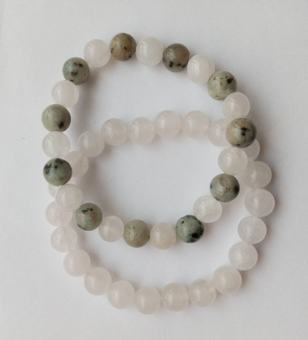 NEW, BUY ANY 2 GET 3RD FREE, TWO BRACELET SET SNOW QUARTZ & SESAME JASPER/QUARTZ