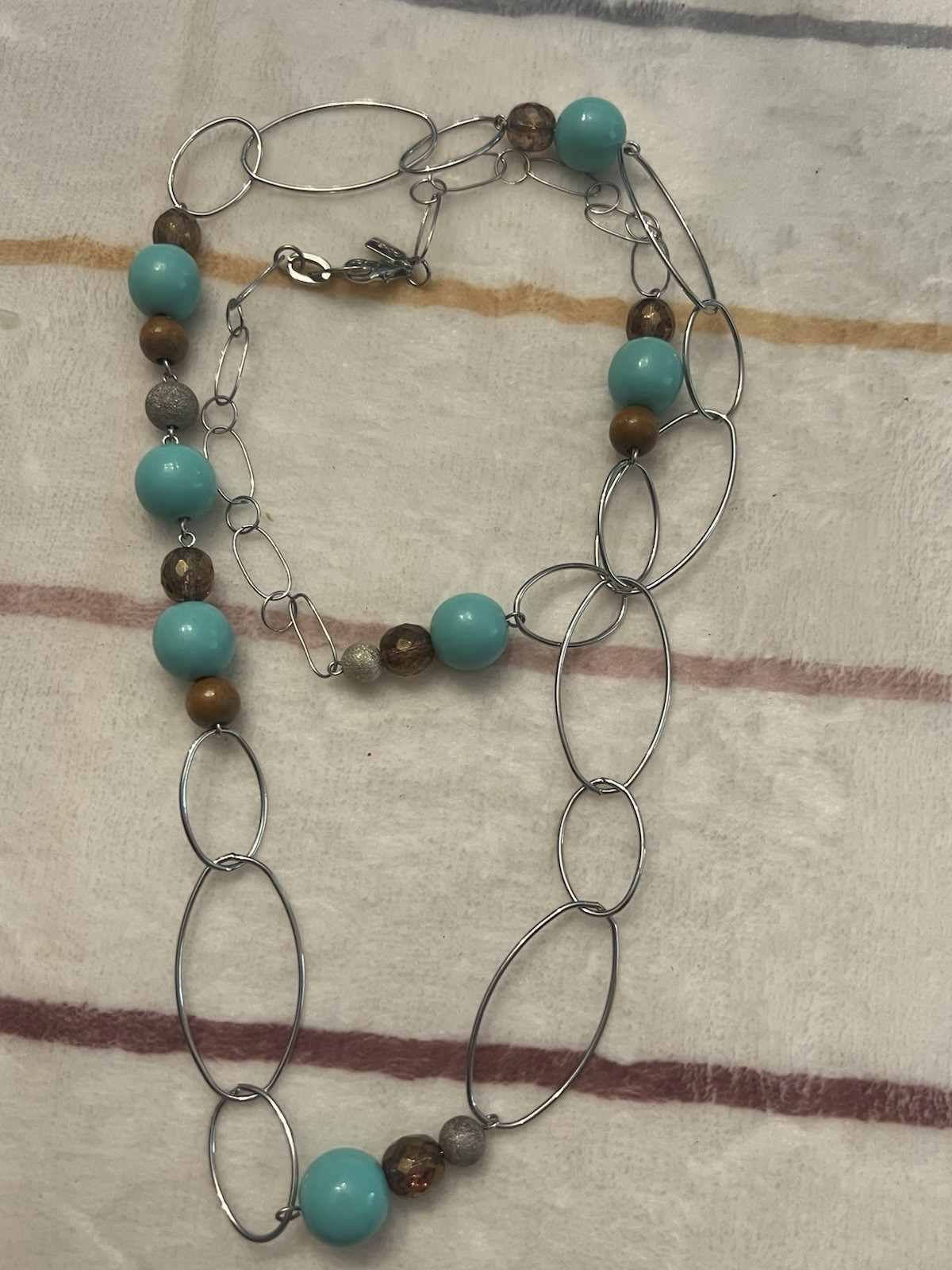 Silver Tone Oval Link Chain Beaded Necklace Blue & Brown Round Beads Lobster