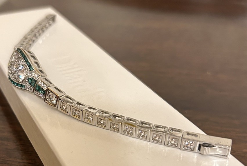 Silver Tone Emerald Green CZ And Diamond CZ Art Deco Inspired Bracelet NWT