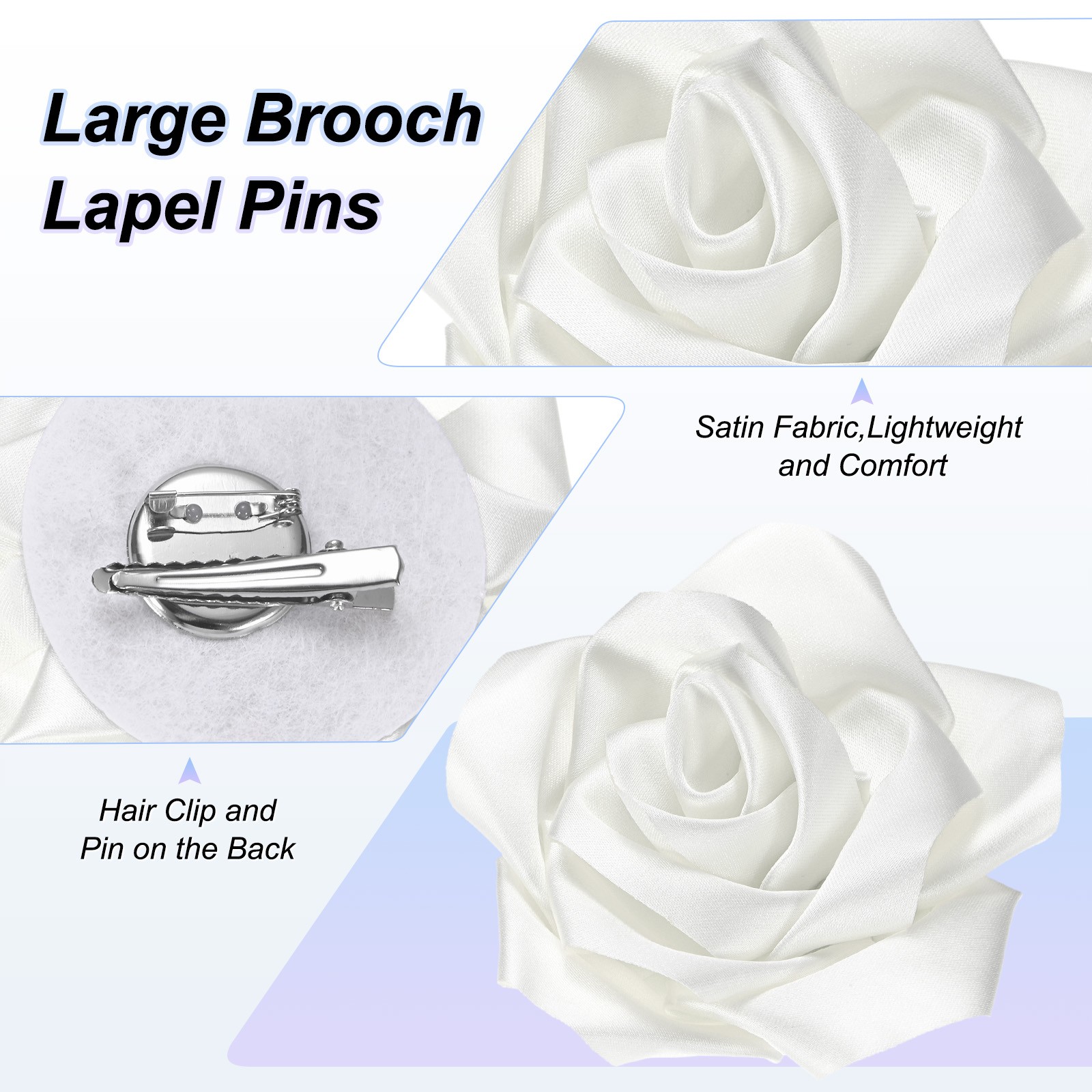 New Large Satin Rose Flower Lapel Pin Brooches for Women [11cm, White]