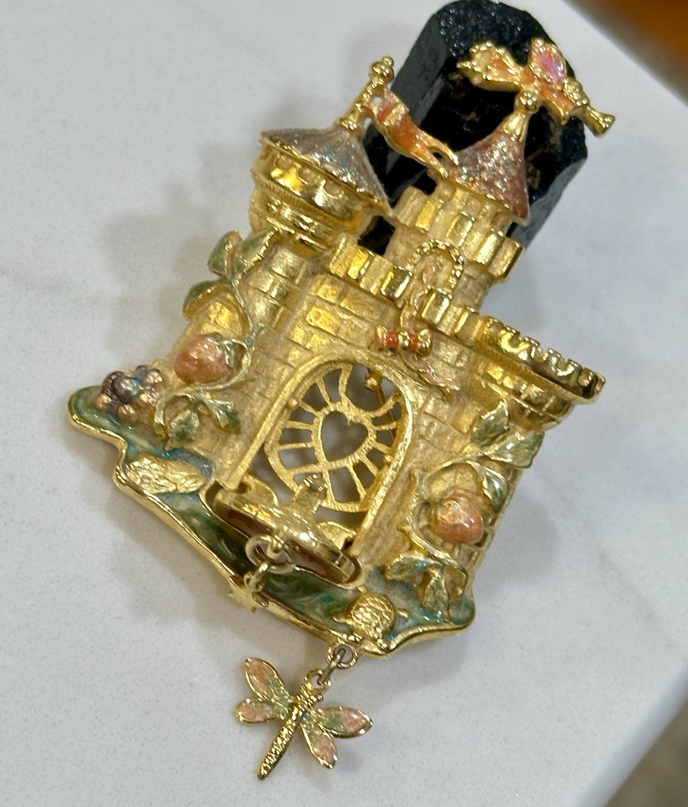 Kirks Folly Fairytale Castle Rapunzel Princess Gold-Tone Enamel 3” Brooch/Pin