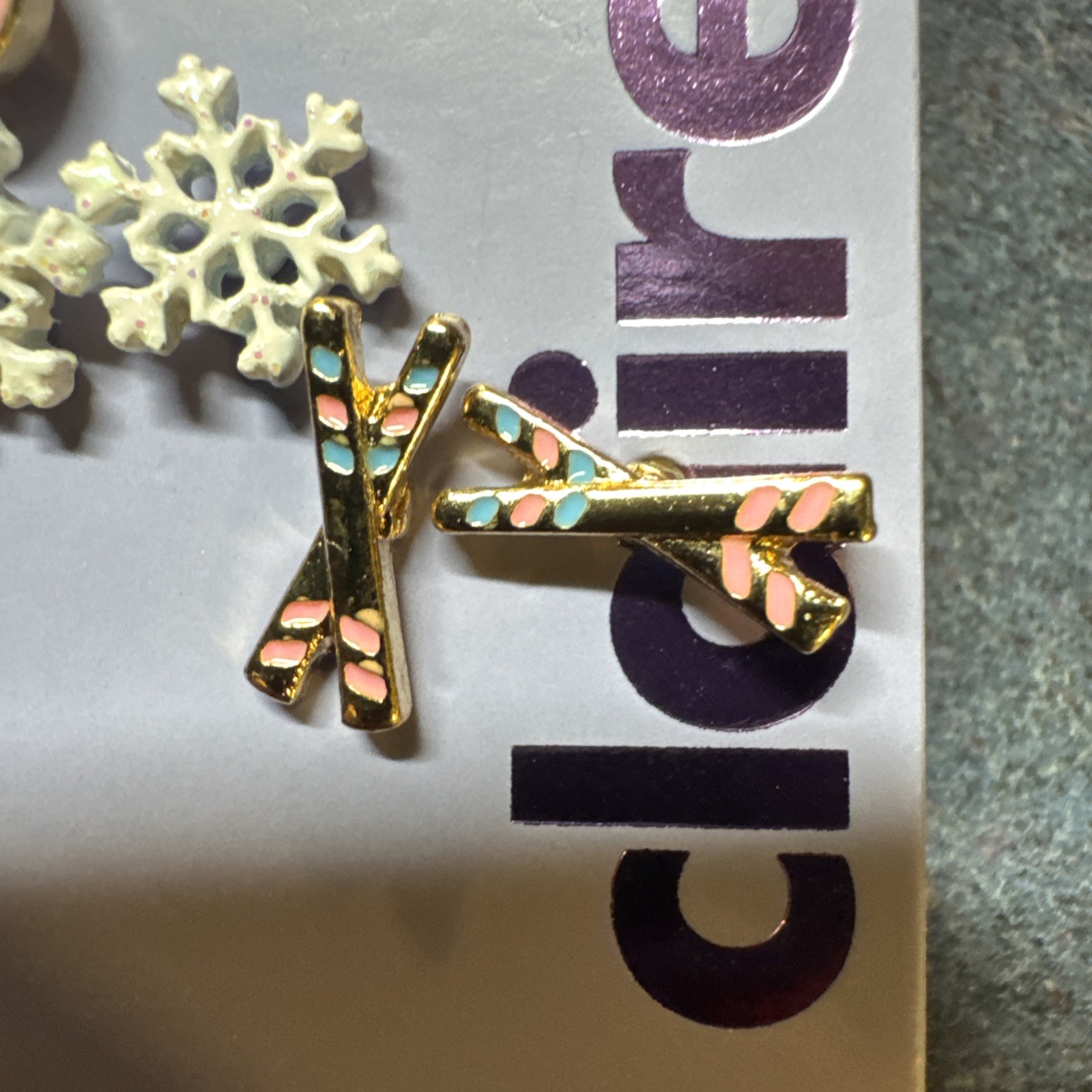 Claire’s Winter Stud Earrings Ski Theme Snowflakes Skis 3 Pairs In 1 Pk