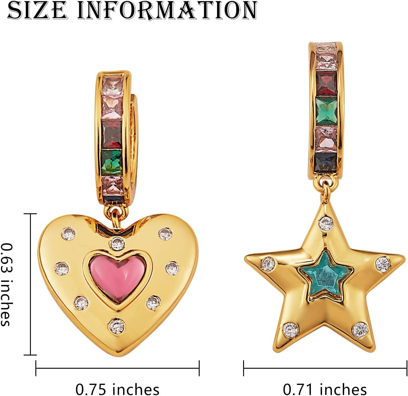 Dangle Hoop Earring for Women 18K Gold Plated Personalized Heart Star Charms Zir
