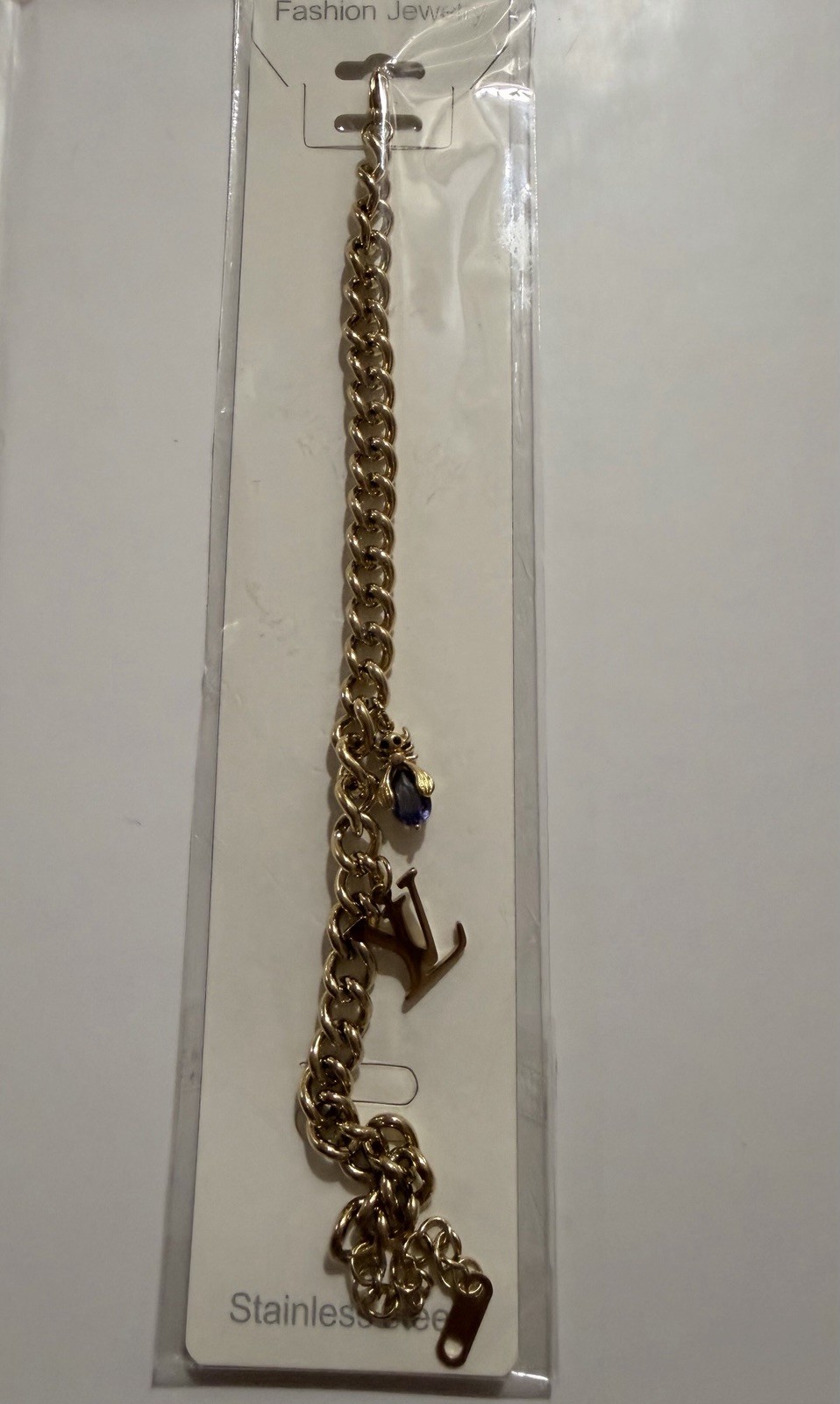 Gold Tone Stainless Steel Curb Link Chain Dangle Charm Bracelet Lobster Clasp