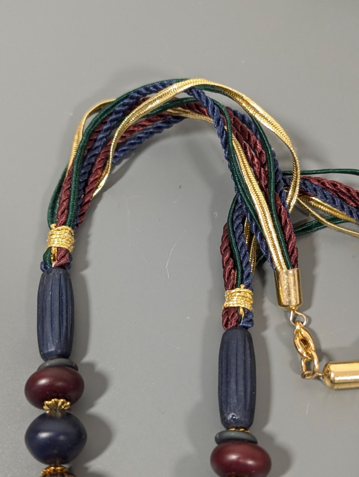 Retro Tribal Medallion Blue Red Green Multi Cord Gold Tone Necklace 18″