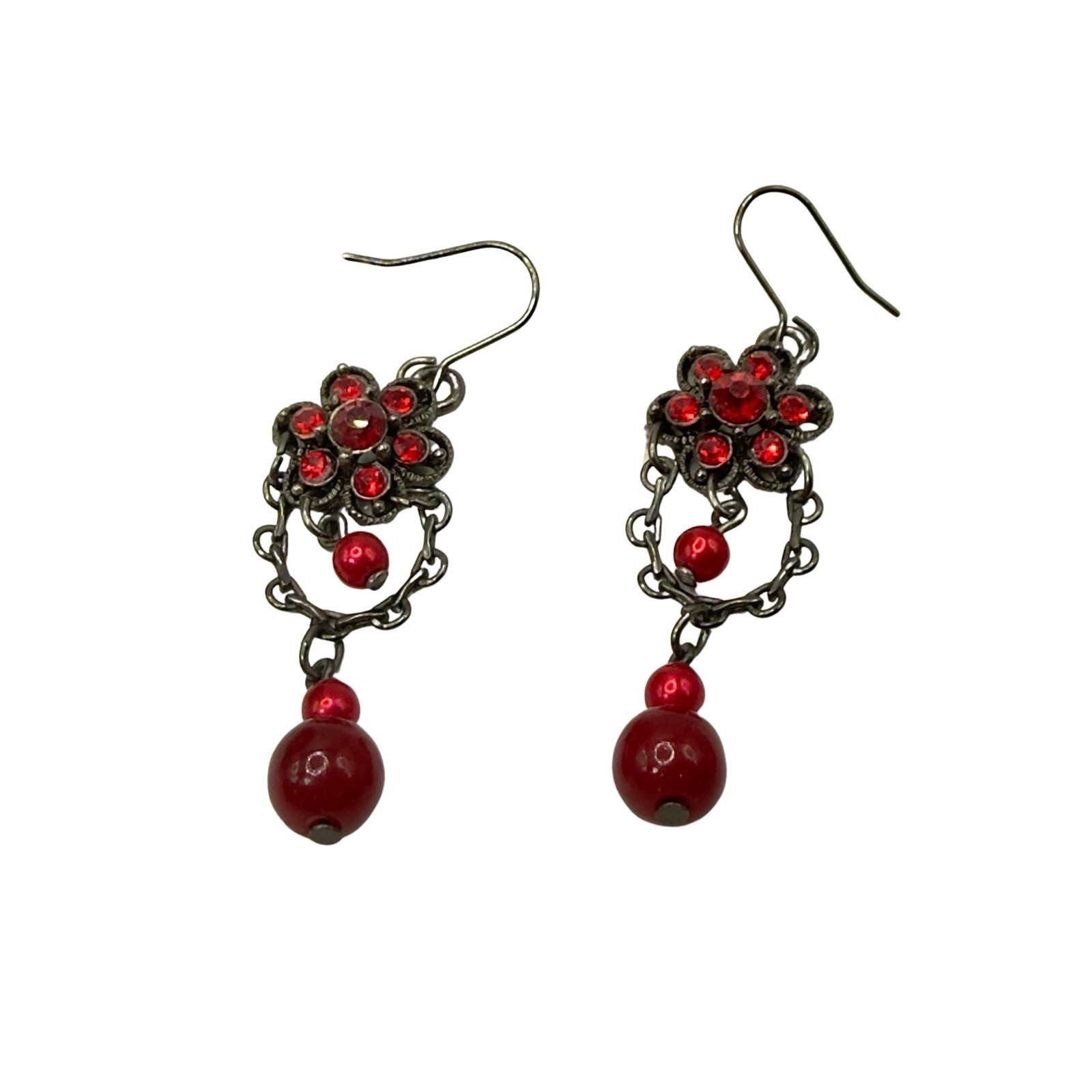 Vintage Inspired Red Rhinestone Filigree Chandelier Dangle Fashion Earrings