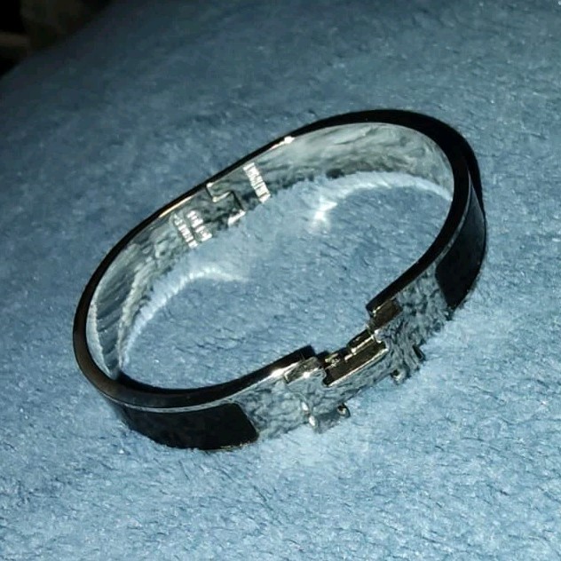 HERMES BRACELET BLACK Hinged Bangle Cuff Bracelet, Metal, No Stone