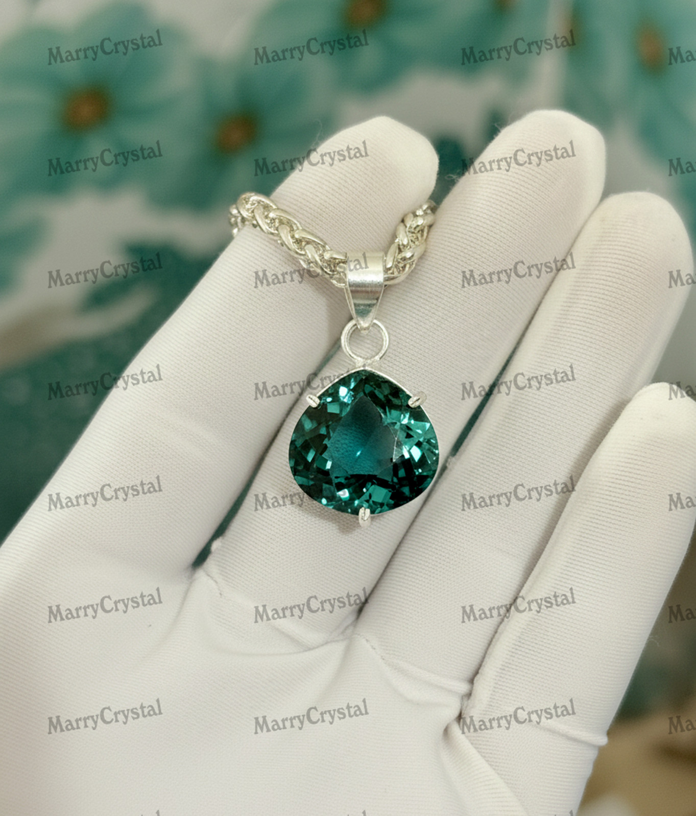 34+ Ct Green Amethyst Color Quartz Stone 18″ Chain German Silver Gemstone
