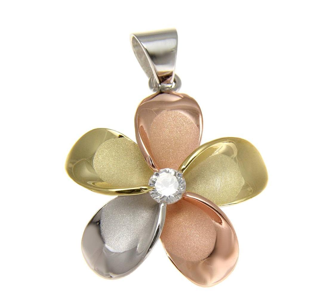 YELLOW ROSE GOLD SILVER 925 TRICOLOR HAWAIIAN PLUMERIA PENDANT CZ 10MM – 30MM