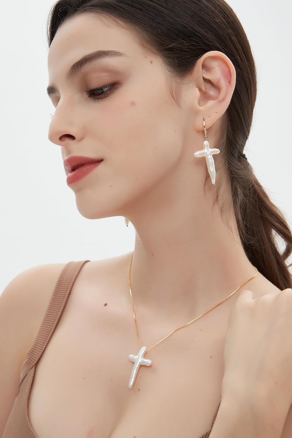 White Pearl Cross Necklace Gold Plated 316L Stainless Steel Box Chain Necklace F