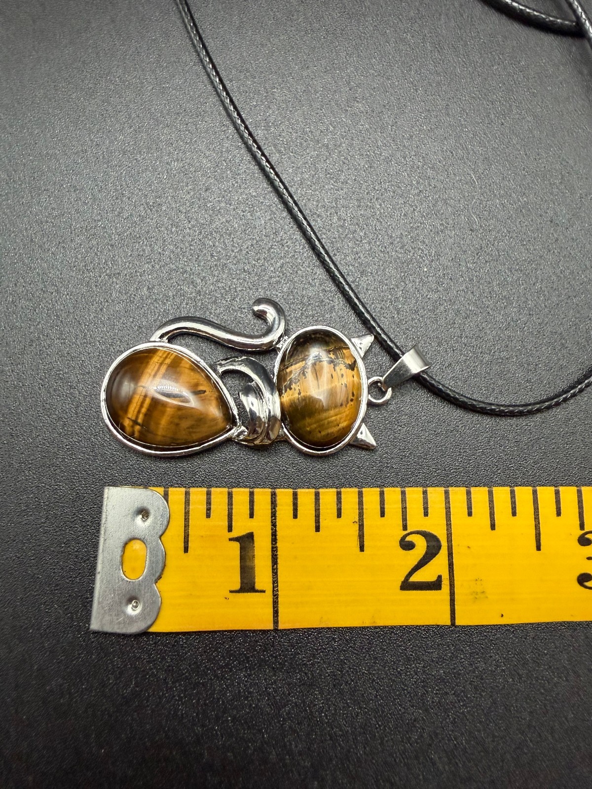 Natural Tigers Eye Cat Pendant Necklace 21″ Waxed Cord Natural Stone NEW