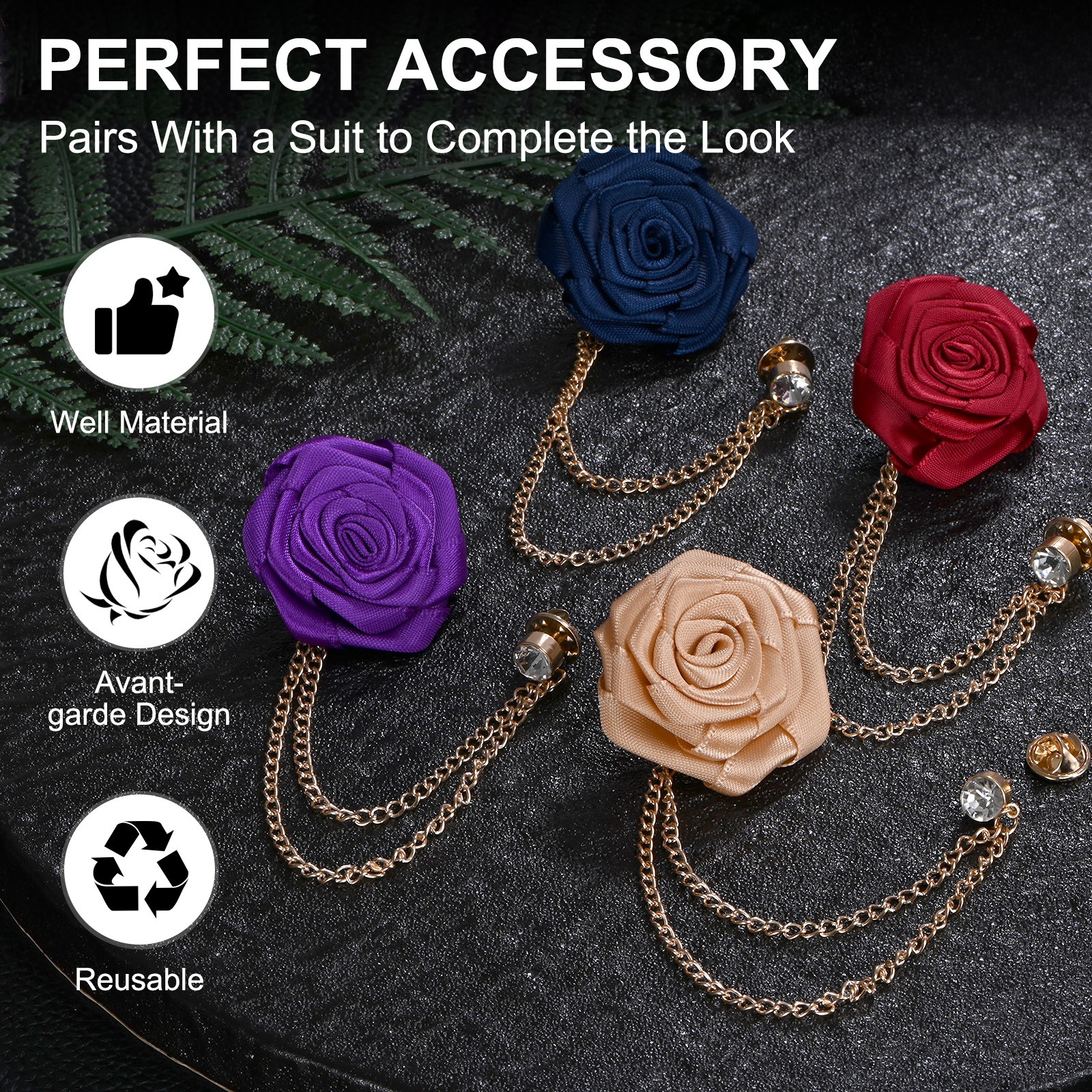 Rose Gold Brooch Pin for Men Suit with Flower Tassel Chain [Champagne]