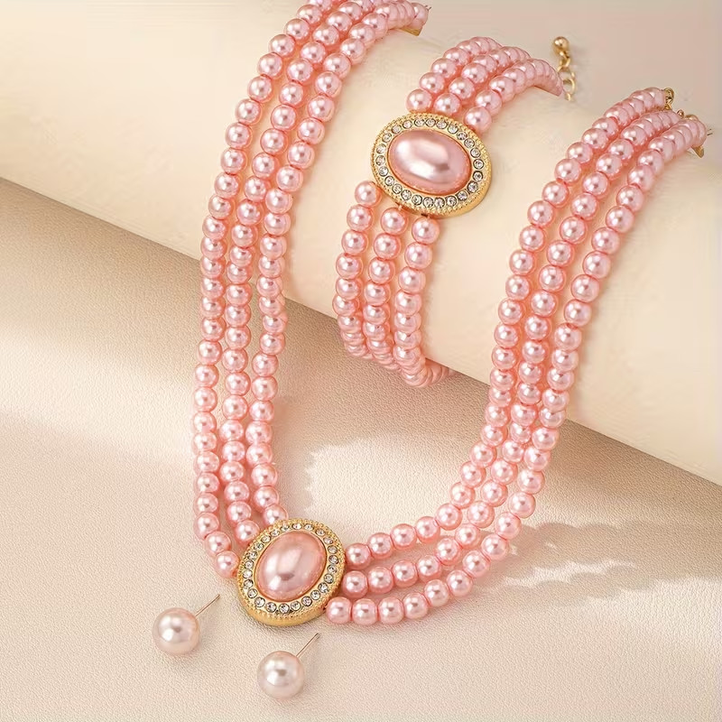 Pink Pearl Jewellery Set Necklace Bracelet Earrings Bridal Wedding Women Gift