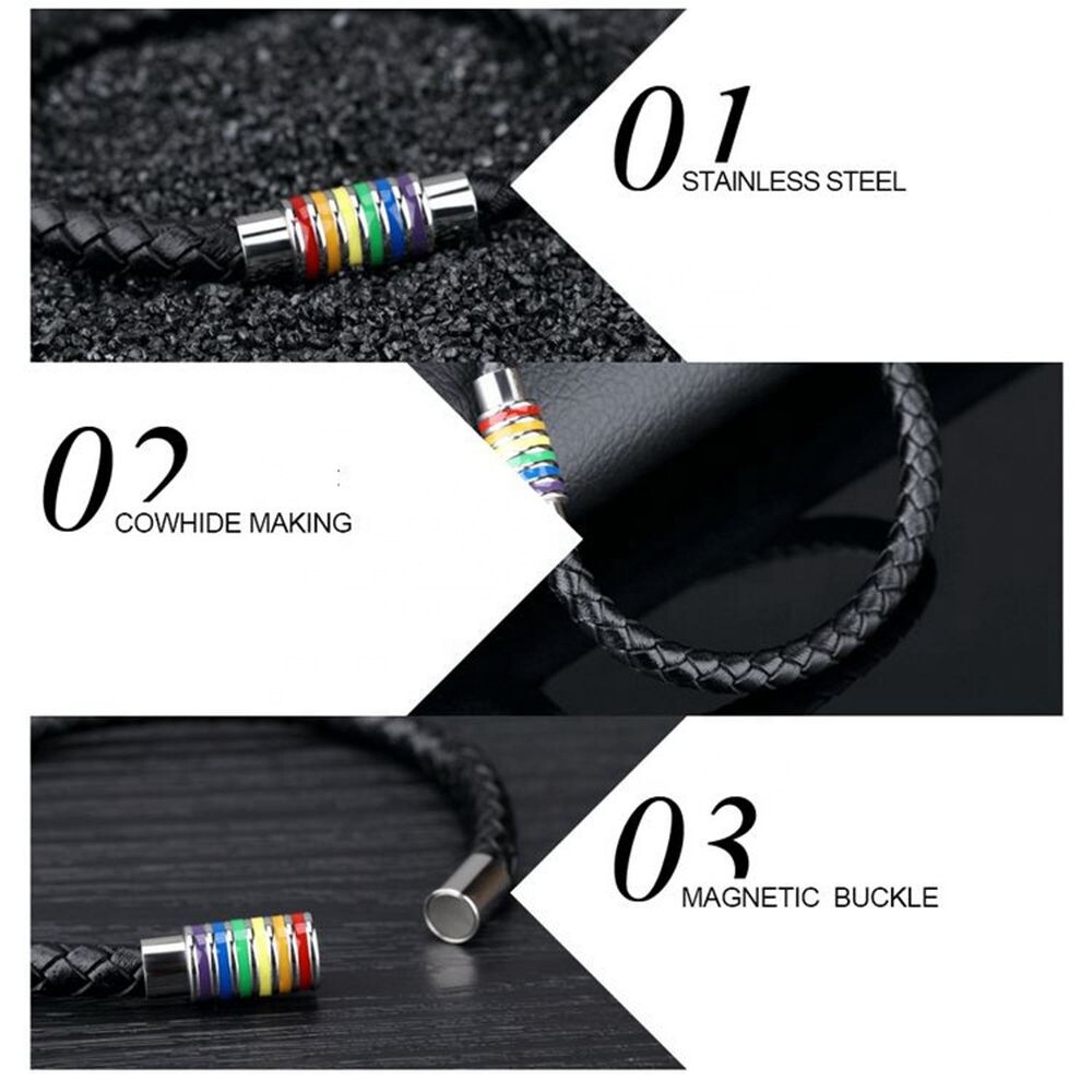2 Pcs Couple Bracelet Love Leather Braided Magnetic Rainbow Gay LGBT Lover Gift
