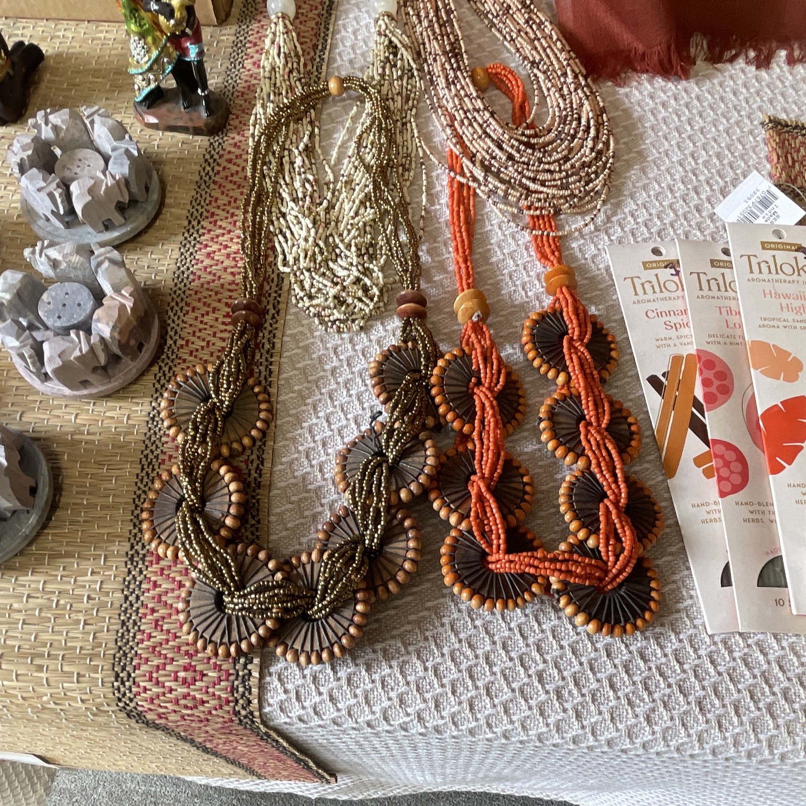 Multistrand Beaded Bib Necklace Set, Brown & Orange Beads Ball/Bead Chain
