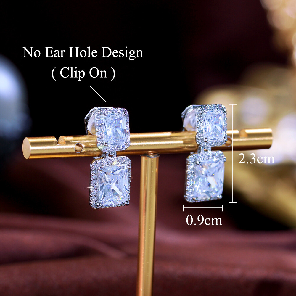 Dazzling Baguette Zircon Crystal Clip On Non Pierced Drop Earrings Silver Plated