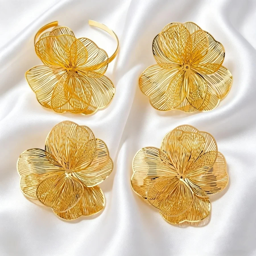 Gold Tone Filigree Flower Jewelry Set Statement Necklace Earrings Floral Women