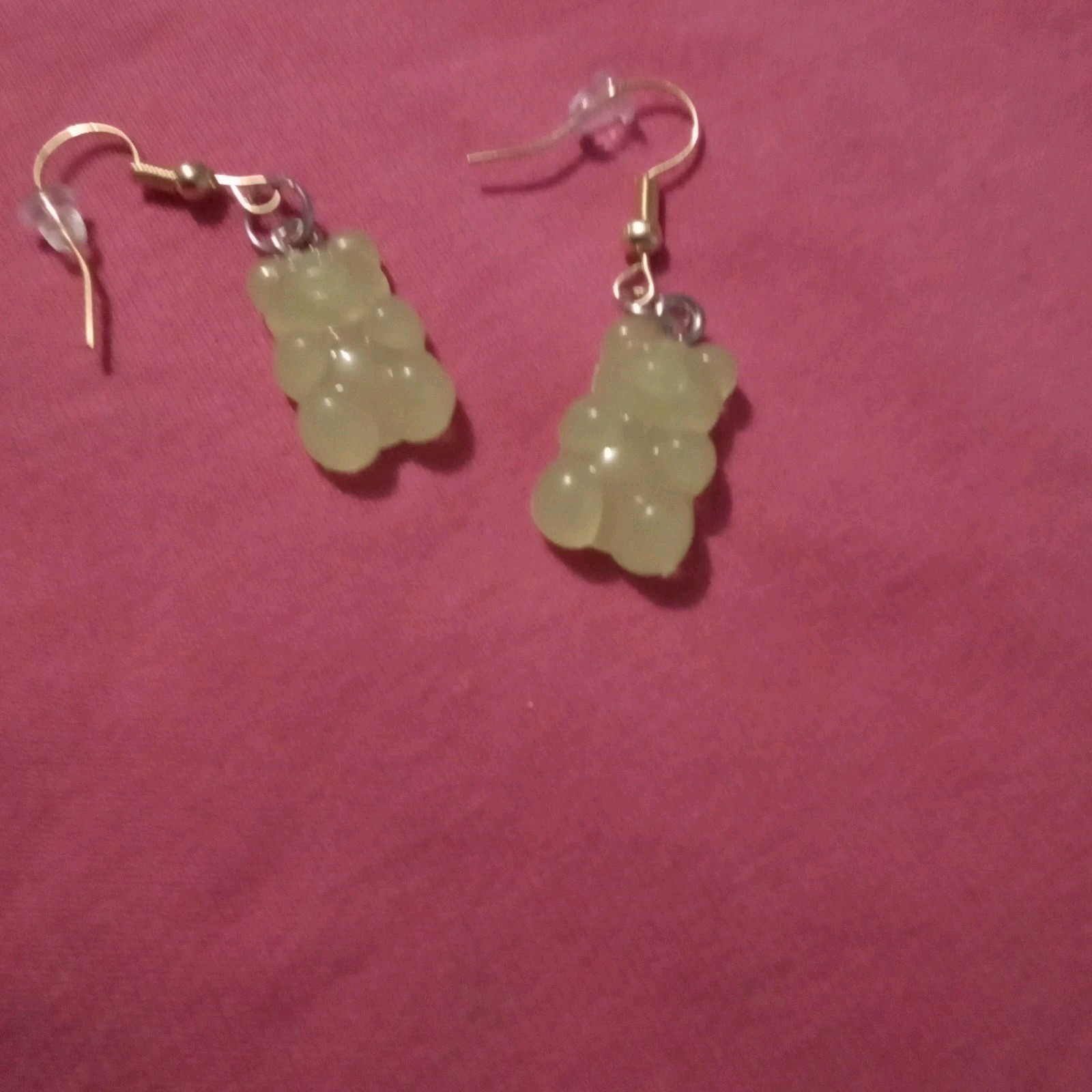 Green Plastic Gummy Bear Dangle/Drop Hook Earrings Lobe No Stone No Stone