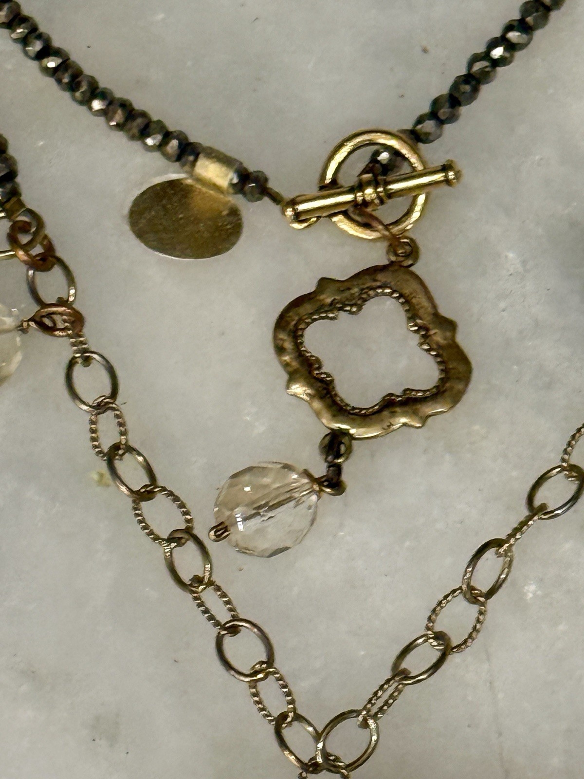 Bittersweet Designs Pyrite Chain W/ Cross Pendant & Charms Layered Necklace 66”
