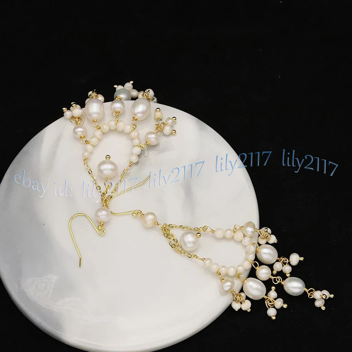 Beauty Natural White Freshwater Baroque Pearl Cluster Dangle Gold Hook Earrings