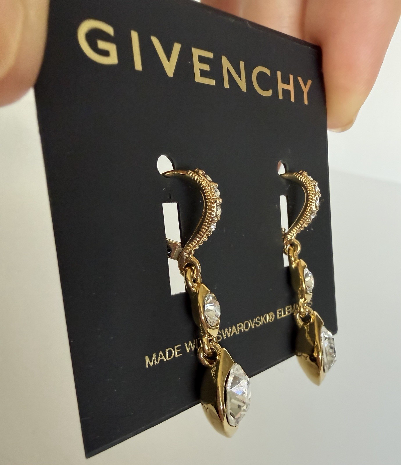 Givenchy Gold Tone Swarovski Crystal Double Drop Teardrop Leverback Earrings