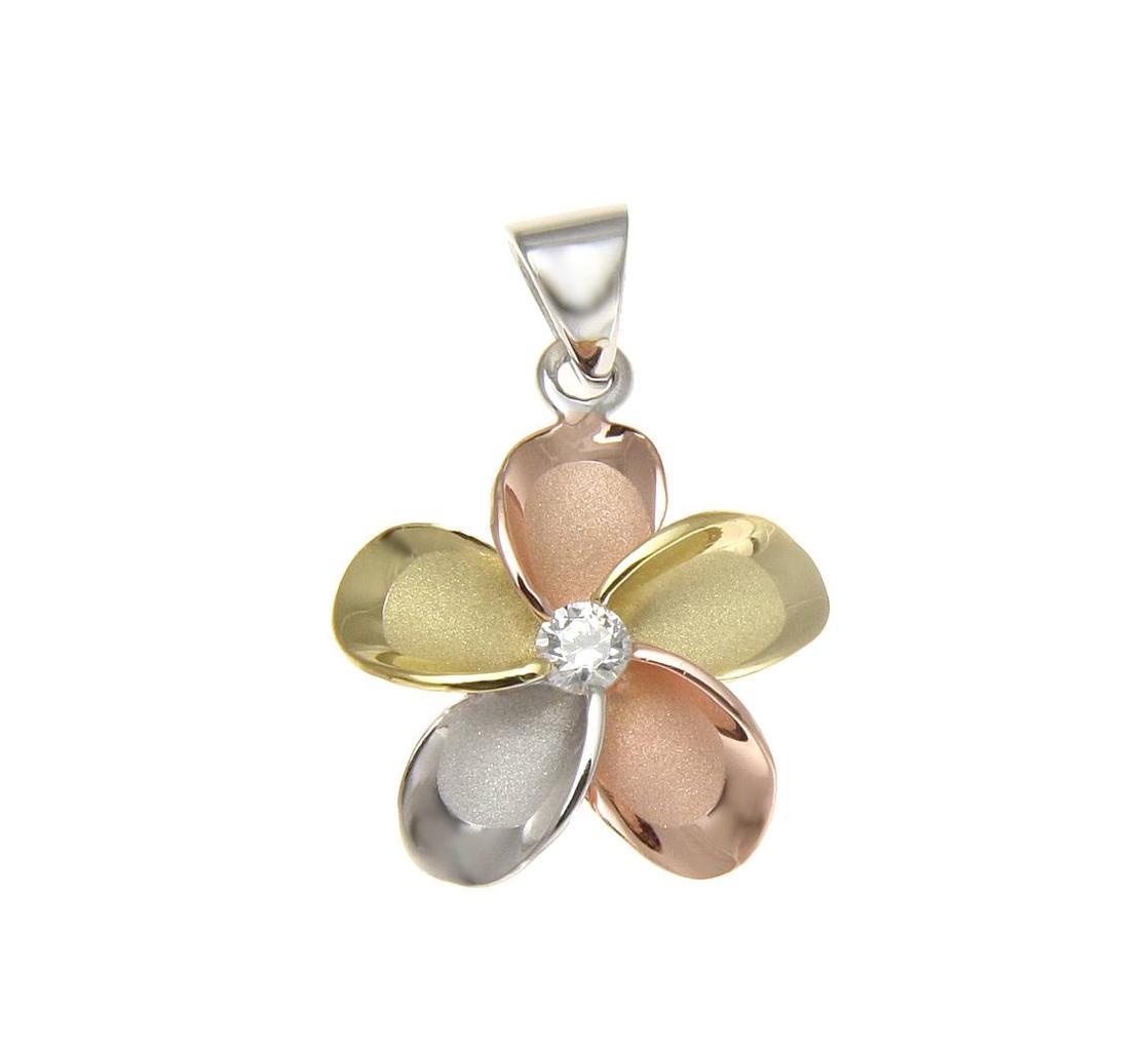 YELLOW ROSE GOLD SILVER 925 TRICOLOR HAWAIIAN PLUMERIA PENDANT CZ 10MM – 30MM