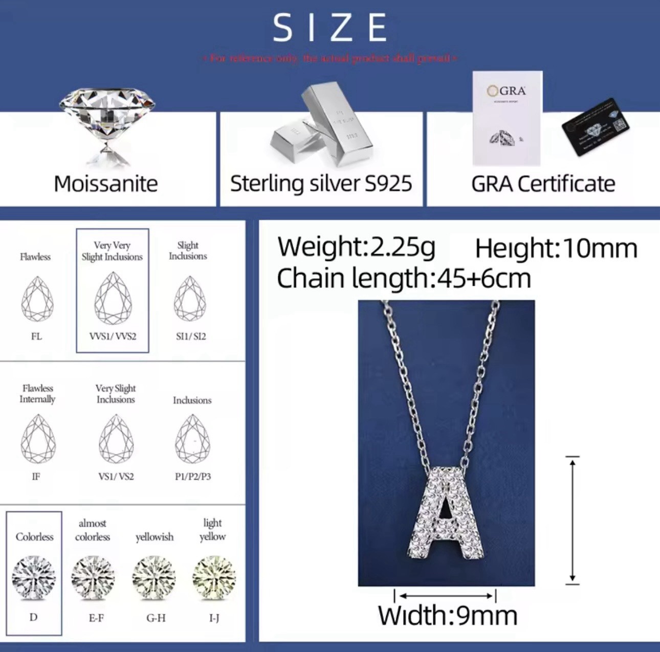 925 Silver Moissanite 26 Letter Pendant Necklace Fashion Women A-Z Initials