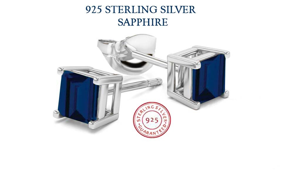 925 Sterling Silver Princess Cut Sapphire Cubic Zirconia Stud Earrings Women’s