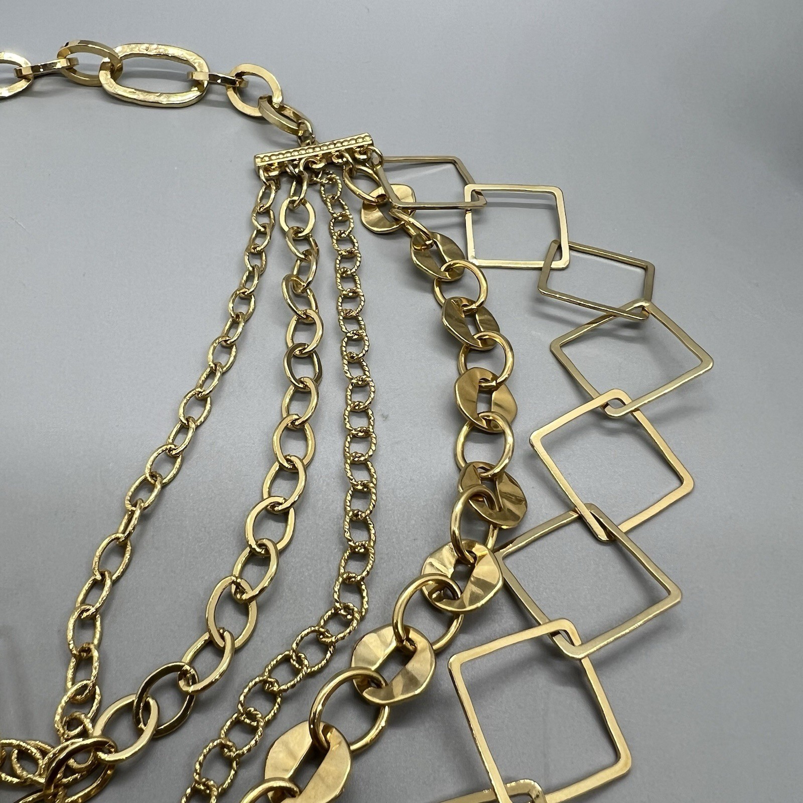Bold Multi-Strand Gold Tone Statement Necklace Open Geometric Link Layerer