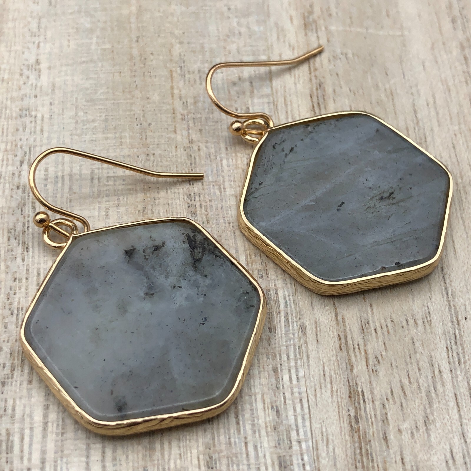 Gray Quartz Earrings Natural Hexagon Gemstone Gold Tone Bezel Drop Dangles