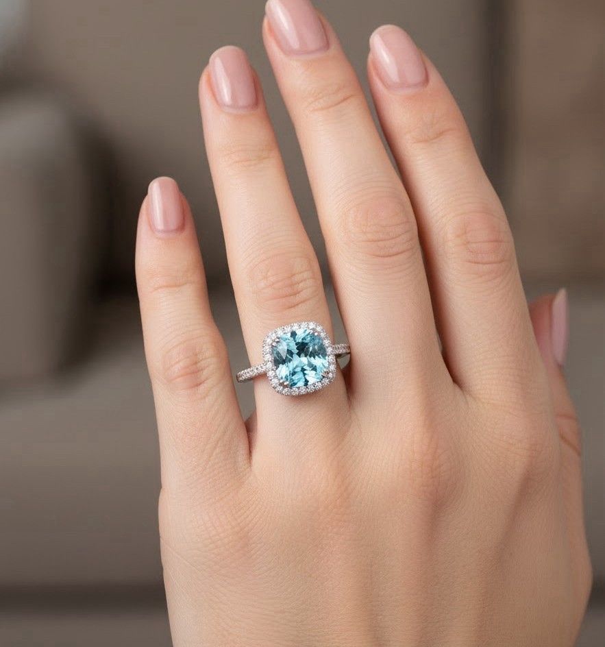 Vintage Cushion Cut Aquamarine Ring 925 Sterling Silver Women’s Ring.