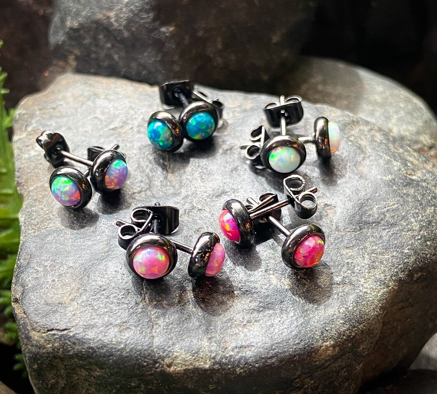 PAIR Bezel Set Opal 316L Surgical Steel Earrings – choose from 18 color combos!