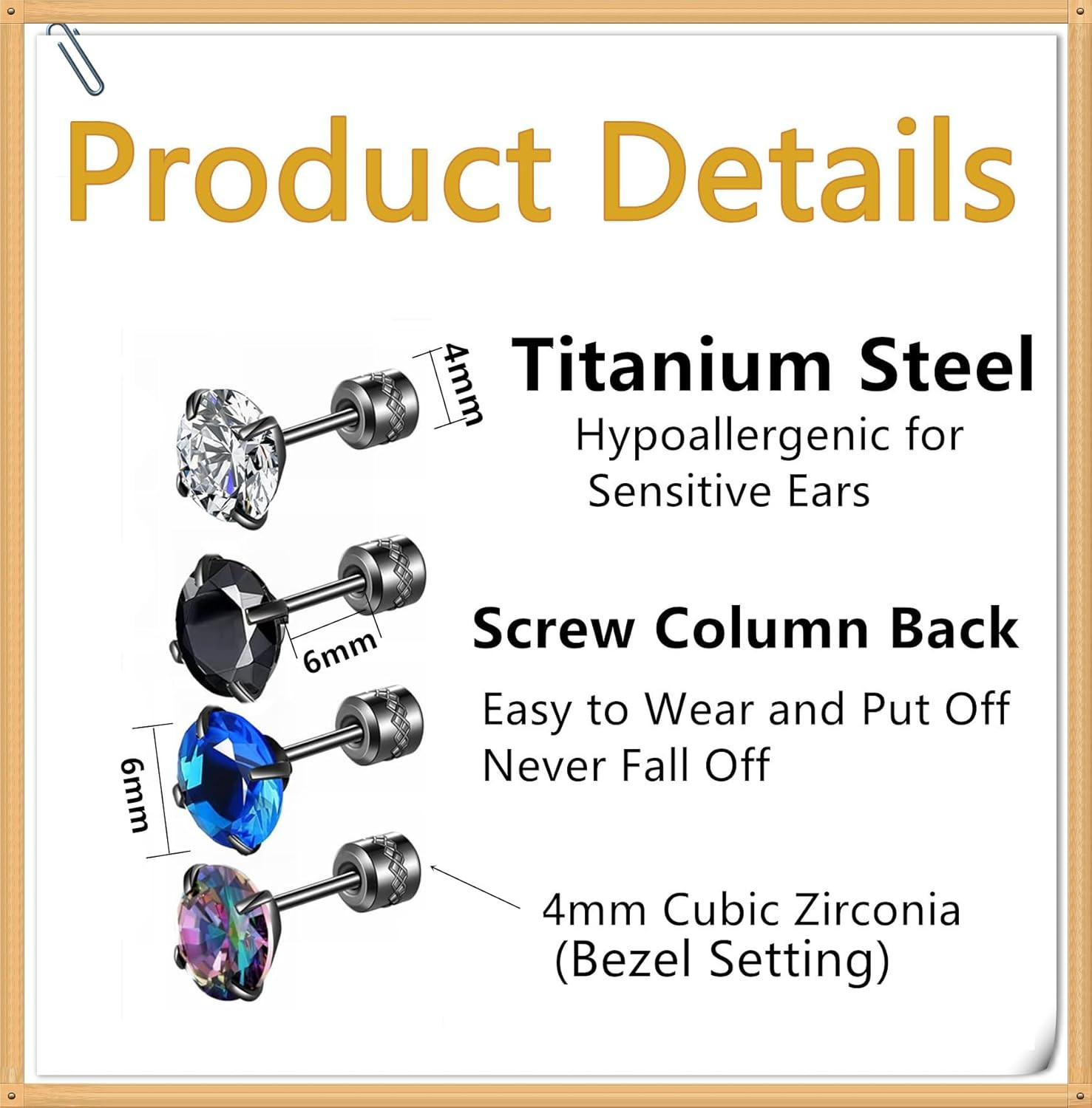 4 Pairs Titanium Screw Back Surgical Stainless Steel Earrings for Women Men,Rain