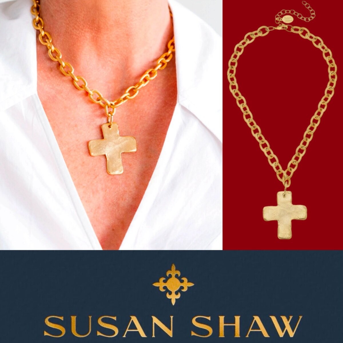 Susan Shaw Jewelry Solid Cross Necklace 24k Gold TPG