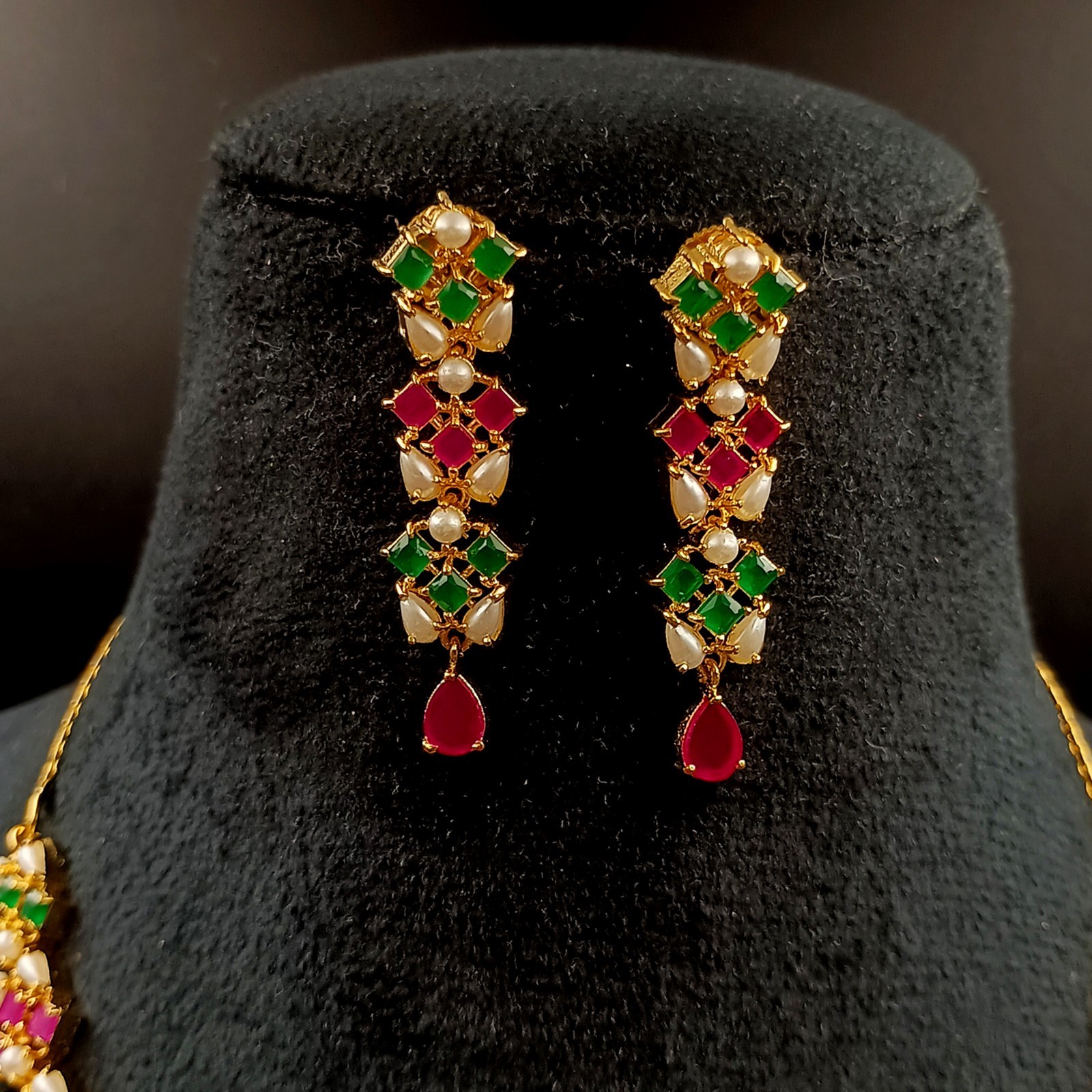 Bollywood Style Ruby Emerald Pearl 22K Gold Plated Jewelry Necklace Earrings Set