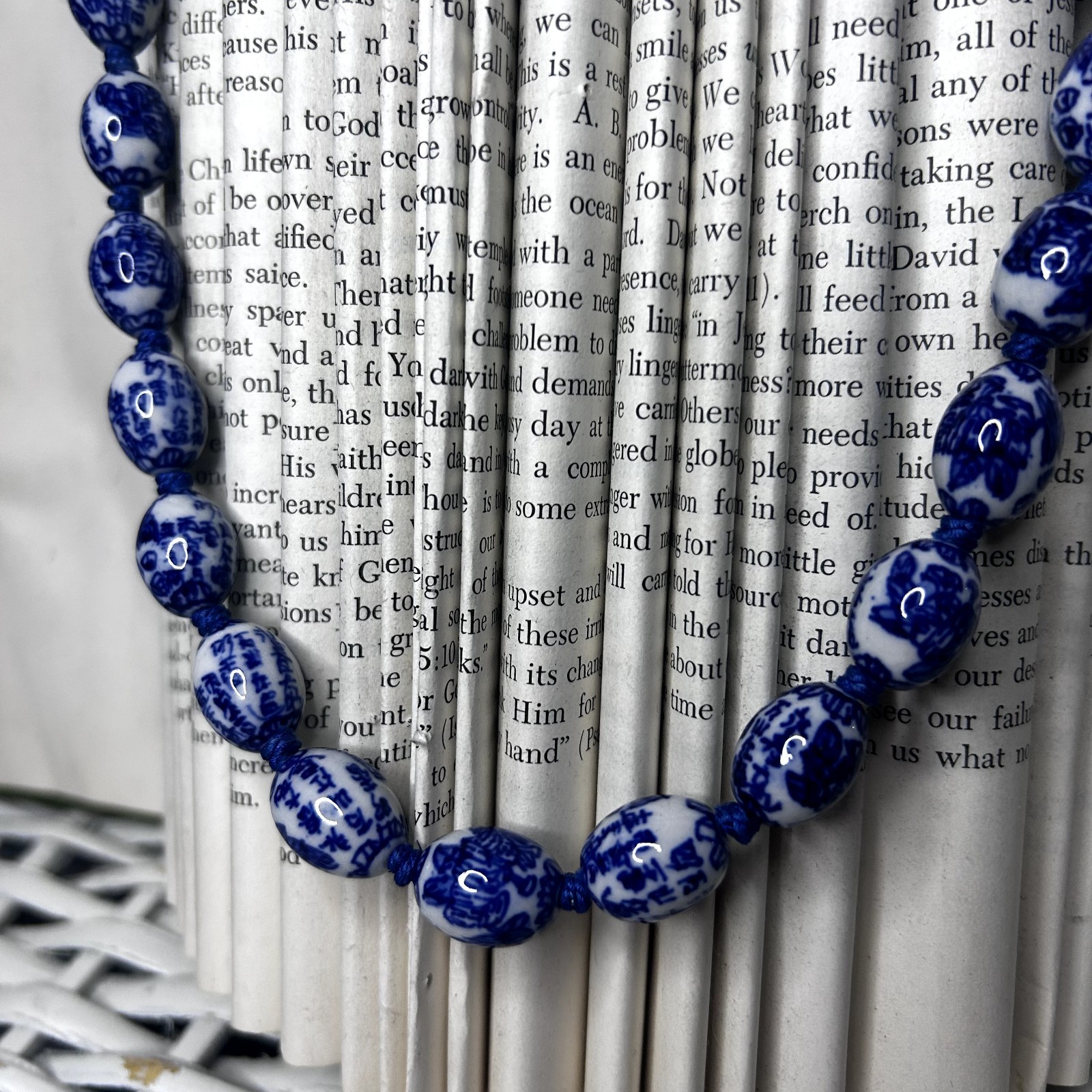 Vintage Blue & White Porcelain Hand Knotted Beaded Necklace 26in Chinese Export