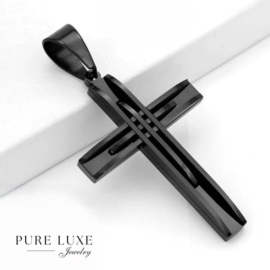 Men’s 24″ Black.Stainless-Steel.Box Chain,CROSS 75mm Pendant Ion Plated BOX