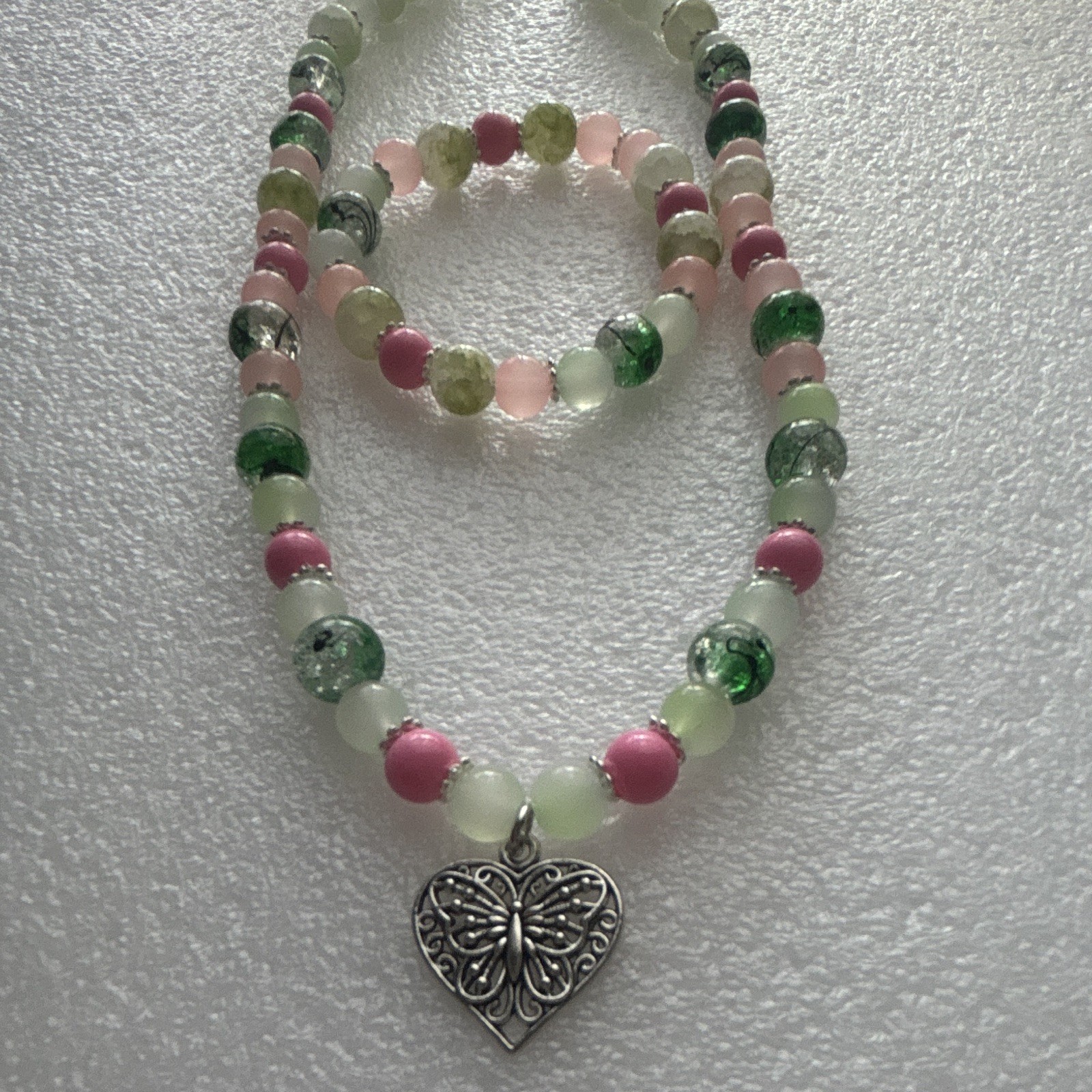 Multicolor Glass Beaded Jewelry Set Necklace Bracelet with Heart Charm