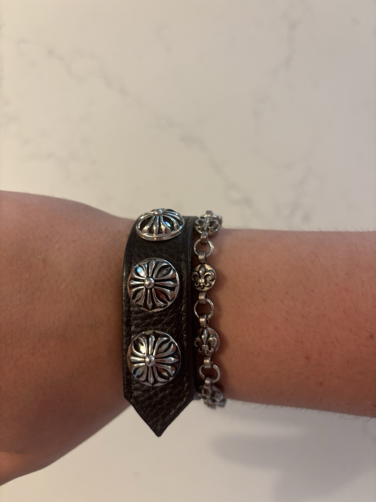 Chrome Hearts Black Leather Cuff Bracelet 925 Sterling Silver Snap Signed